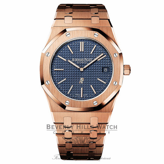 Audemars Piguet Royal Oak 39MM Ultra Thin Rose Gold Blue Dial 15202OR.OO.1240OR.01 VYN0XZ - Beverly Hills Watch Company