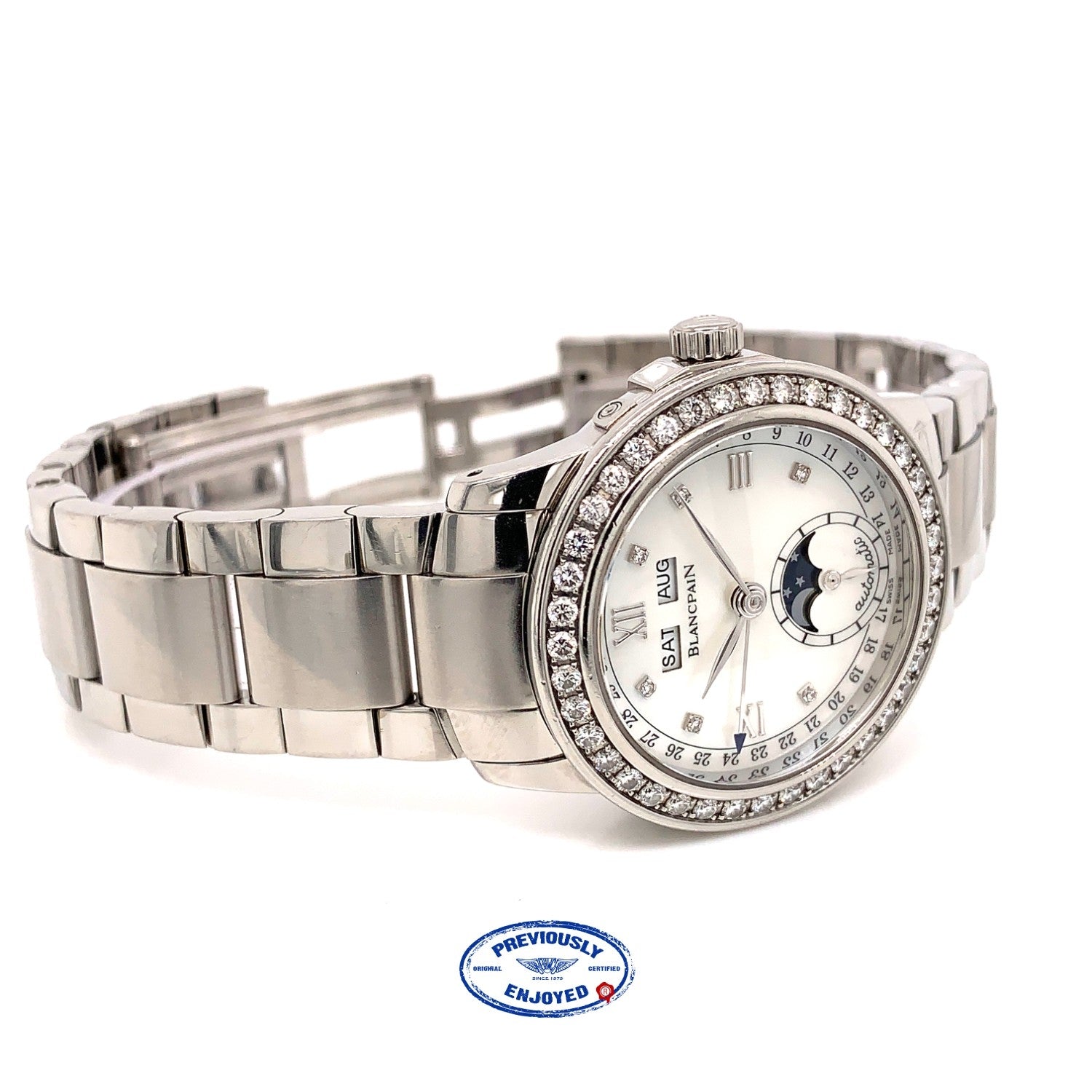 Blancpain Leman 34mm Ladies Moonphase Complete Calendar Diamond Watch 2360-4691a-71 UM5CWD - Beverly Hills Watch Company