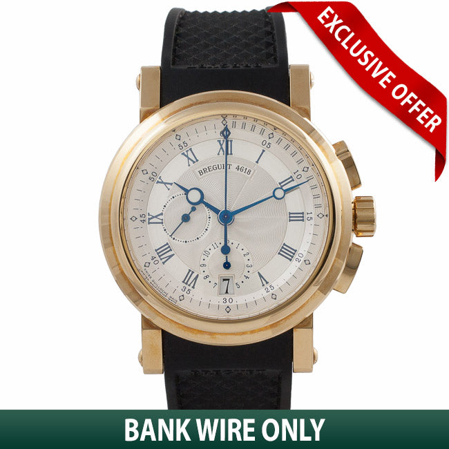 Breguet Marine Chronograph 18K Yellow Gold Case Rubber Strap Deployment Buckle Chronograph Silver Dial Watch 5827BA125ZU Beverly Hills Watch Company Watch Store