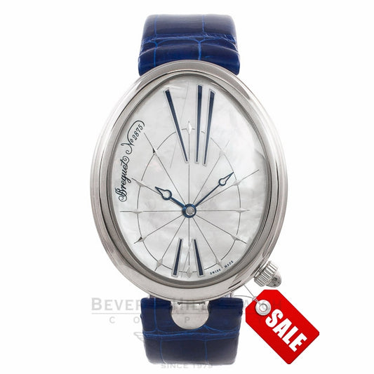 Breguet Reine de Naples Automatic Oversized Stainless Steel Mother Of Pearl Dial Grey Alligator Strap 8967ST/58/986 - Beverly Hills Watch Store