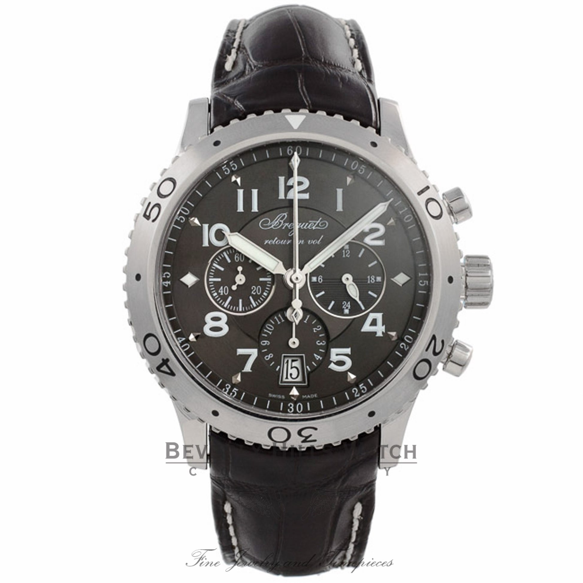 Breguet Transatlantique Type XXI Flyback 42.5MM Stainless Steel Ruthenium Dial Brown Alligator Strap 3810st/92/9zu WH0NFA - Beverly Hills Watch Company Watch Store