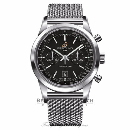 Breitling Transocean Chronograph 38 Stainless Steel Black Dial A4131012/BC06 PUJLCJ - Beverly Hills Watch Company Watch Store