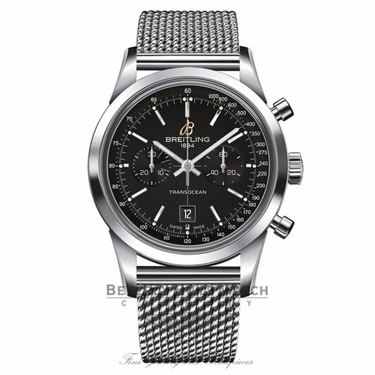 Breitling Transocean Chronograph 38 Stainless Steel Black Dial A4131012/BC06 PUJLCJ - Beverly Hills Watch Company Watch Store