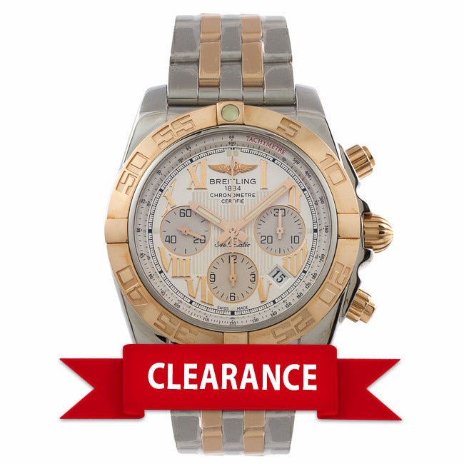 Breitling Chronomat 44mm Chronograph Stainless Steel and Rose Gold Bracelet Silver Roman Numeral Dial Rose Gold Bezel Watch CB011012-G677 Beverly Hills Watch Company Watch Store