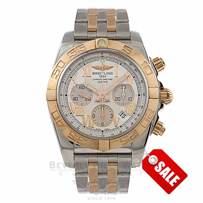 Breitling Chronomat 44mm Chronograph Stainless Steel and Rose Gold Bracelet Silver Roman Numeral Dial Rose Gold Bezel Watch CB011012-G677 Beverly Hills Watch Company Watch Store