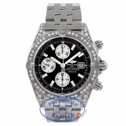 Breitling Chronomat Stainless Steel Black Dial Silver Subdials Diamond Case and Bezel A13356 KMU2Y2 - Beverly Hills Watch Company Watch Store