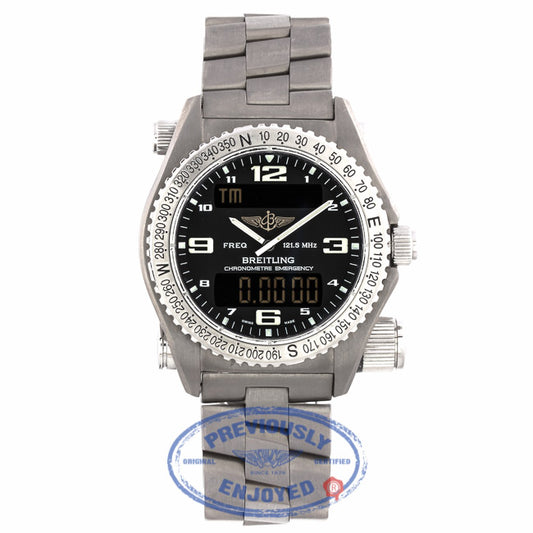 Breitling Emergency Quartz Chronometer Chronograph 42mm Titanium Black Dial Bi-Directional Rotating Bezel Bracelet Folding Clasp Safty Latch E7632110/B576 632YDK - Beverly Hills Watch Company
