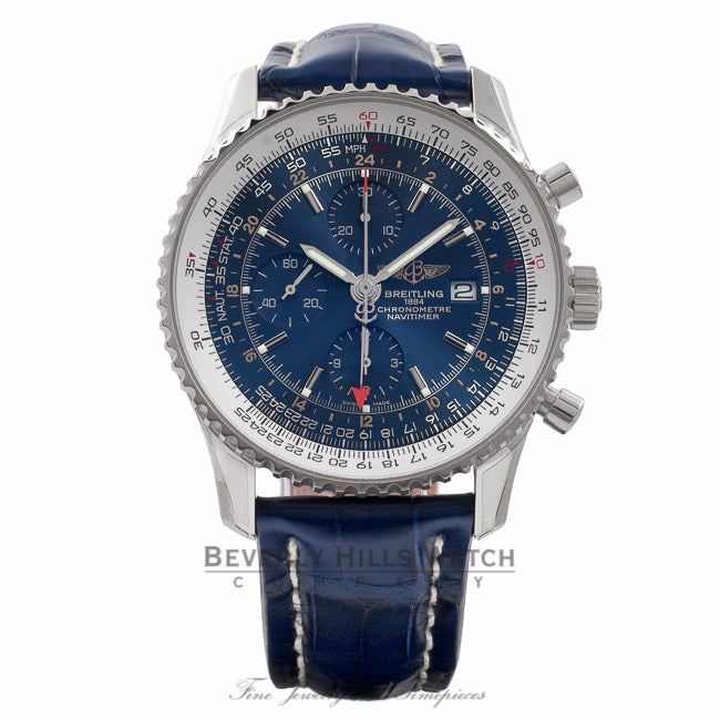 Breitling Navitimer World Chrono 46MM Stainless Steel Blue dial & Alligator Strap A2432212/C561 DJXW4D Stainless steel case and bezel. Blue dial with silver tone index  hour markers and Arabic numerals, luminous hands and hour markers. Automatic movement,