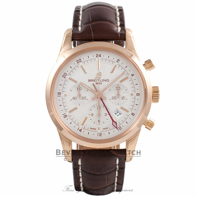Breitling Transocean Chronograph GMT Silver Dial 18k Rose Gold Brown Alligator Strap RB045112/G773 - Beverly Hills Watch Company Watch Store