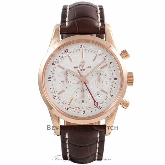 Breitling Transocean Chronograph GMT Silver Dial 18k Rose Gold Brown Alligator Strap RB045112/G773 - Beverly Hills Watch Company Watch Store