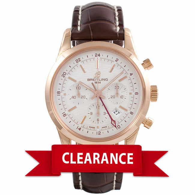 Breitling Transocean Chronograph GMT Silver Dial 18k Rose Gold Brown Alligator Strap RB045112/G773 - Beverly Hills Watch Company Watch Store