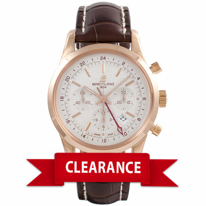 Breitling Transocean Chronograph GMT Silver Dial 18k Rose Gold Brown Alligator Strap RB045112/G773 - Beverly Hills Watch Company Watch Store