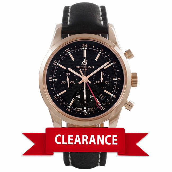 Breitling Transocean Chronograph GMT Black Dial 18k Rose Gold Black Alligator Strap RB045112/BC68 - Beverly Hills Watch Company Watch Store