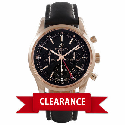 Breitling Transocean Chronograph GMT Black Dial 18k Rose Gold Black Alligator Strap RB045112/BC68 - Beverly Hills Watch Company Watch Store