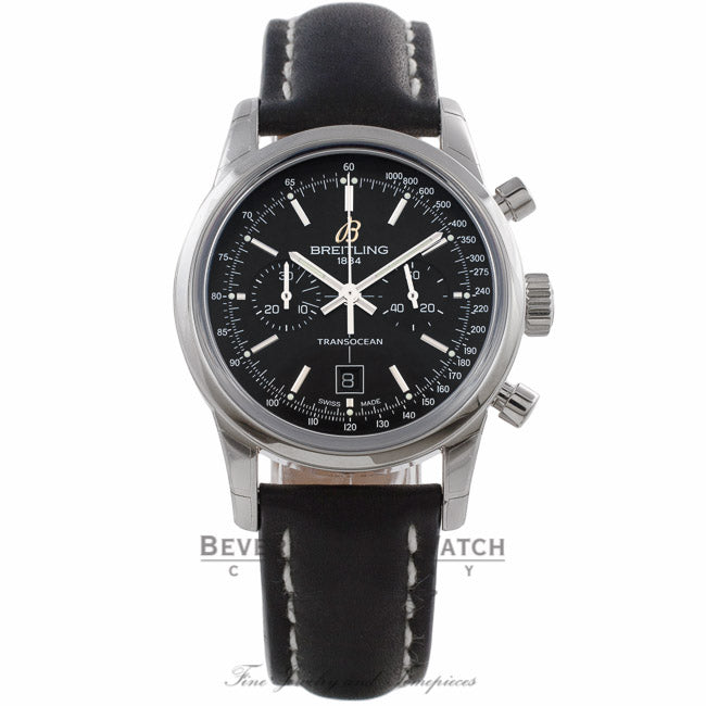 Breitling Transocean Chronograph 38 Stainless Steel Black Dial A4131012/BC02 QJA15Z - Beverly Hills Watch Company Watch Store