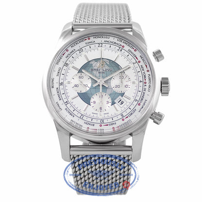 Breitling Transocean Unitime Chronograph Silver Dial Steel Mesh Bracelet AB0510UO/A732-SS J6H2JC - Beverly Hills Watch Company Watch Store