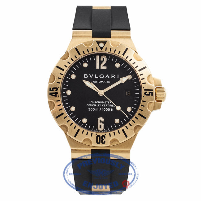 Bulgari Scuba Yellow Gold Case Rubber Strap Deployment Buckle Black Dial Automatic Watch SD40G Beverly Hills Watch Company