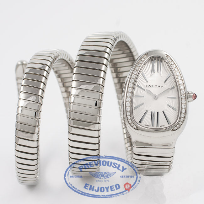 Bulgari Serpenti Stainless Steel Double Wrap Bracelet Silver Dial Diamond Bezel 35mm Ladies Watch SP35C6SDS.2T Beverly Hills Watch Company Watch Store