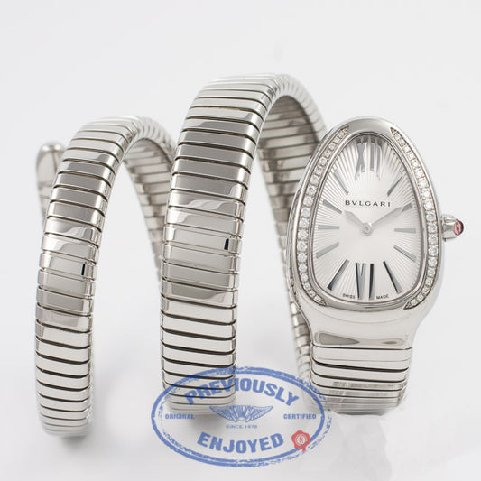 Bulgari Serpenti Stainless Steel Double Wrap Bracelet Silver Dial Diamond Bezel 35mm Ladies Watch SP35C6SDS.2T Beverly Hills Watch Company Watch Store