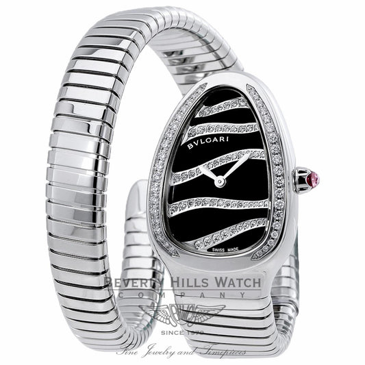 Bvlgari Serpenti Stainless Steel Diamond Bezel Black Diamond Stripe Dial 1 Twirl Wrap Around 102440 9V93RH - Beverly Hills Watch Company