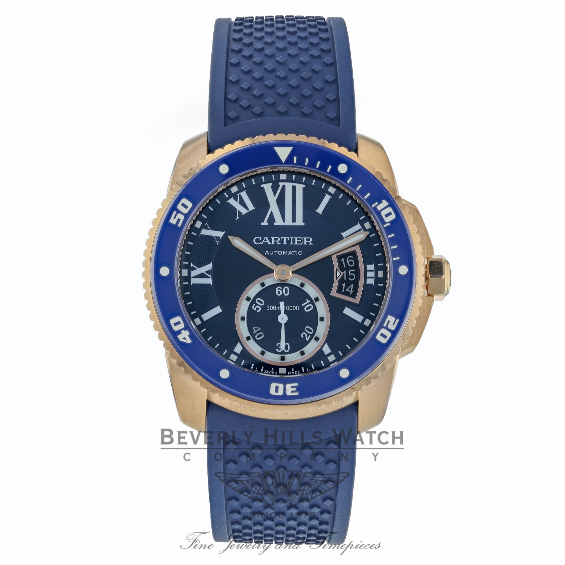 Cartier Calibre De Cartier Diver 42MM Rose Gold Blue Dial Automatic ADLC Case & Bezel on Rubber WGCA0010 KWYYZV - Beverly Hills Watch Company