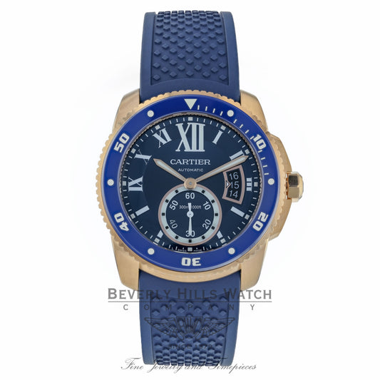 Cartier Calibre De Cartier Diver 42MM Rose Gold Blue Dial Automatic ADLC Case & Bezel on Rubber WGCA0010 KWYYZV - Beverly Hills Watch Company