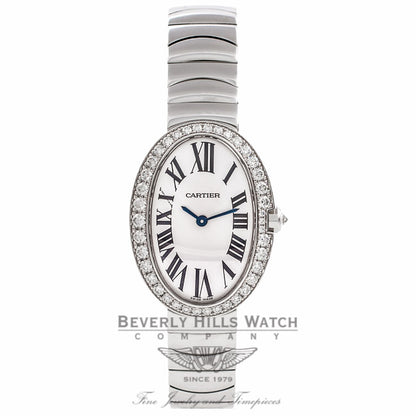 Cartier Baignoire 32MM Small Ladies 18k White Gold Diamond Bezel WB520006 S7WSX3 - Beverly Hills Watch Company Watch Store