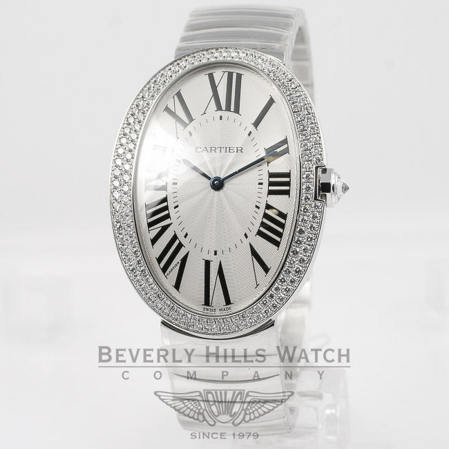 Cartier Baignoire Large 18K White Gold Bracelet Double Row Diamond Bezel Silver Diamond Bezel Watch WB520010 Beverly Hills Watch Company Watches