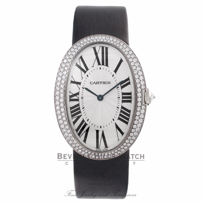 Cartier Baignoire Large White Gold Diamond Bezel Silver Dial Black Satin Strap WB520009 1EDWU7 - Beverly Hills Watch Store