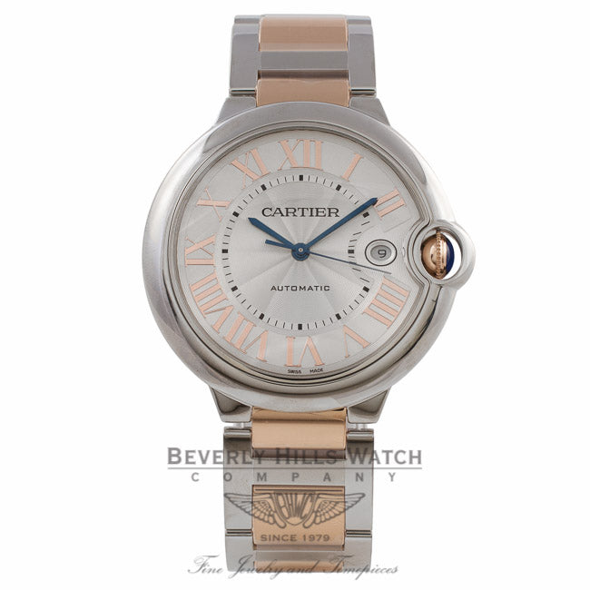 Cartier Ballon Bleu 42MM 18k Rose Gold Stainless Steel Silver Dial Bracelet W6920095 W75EY4 - Beverly Hills Watch Company Watch Store