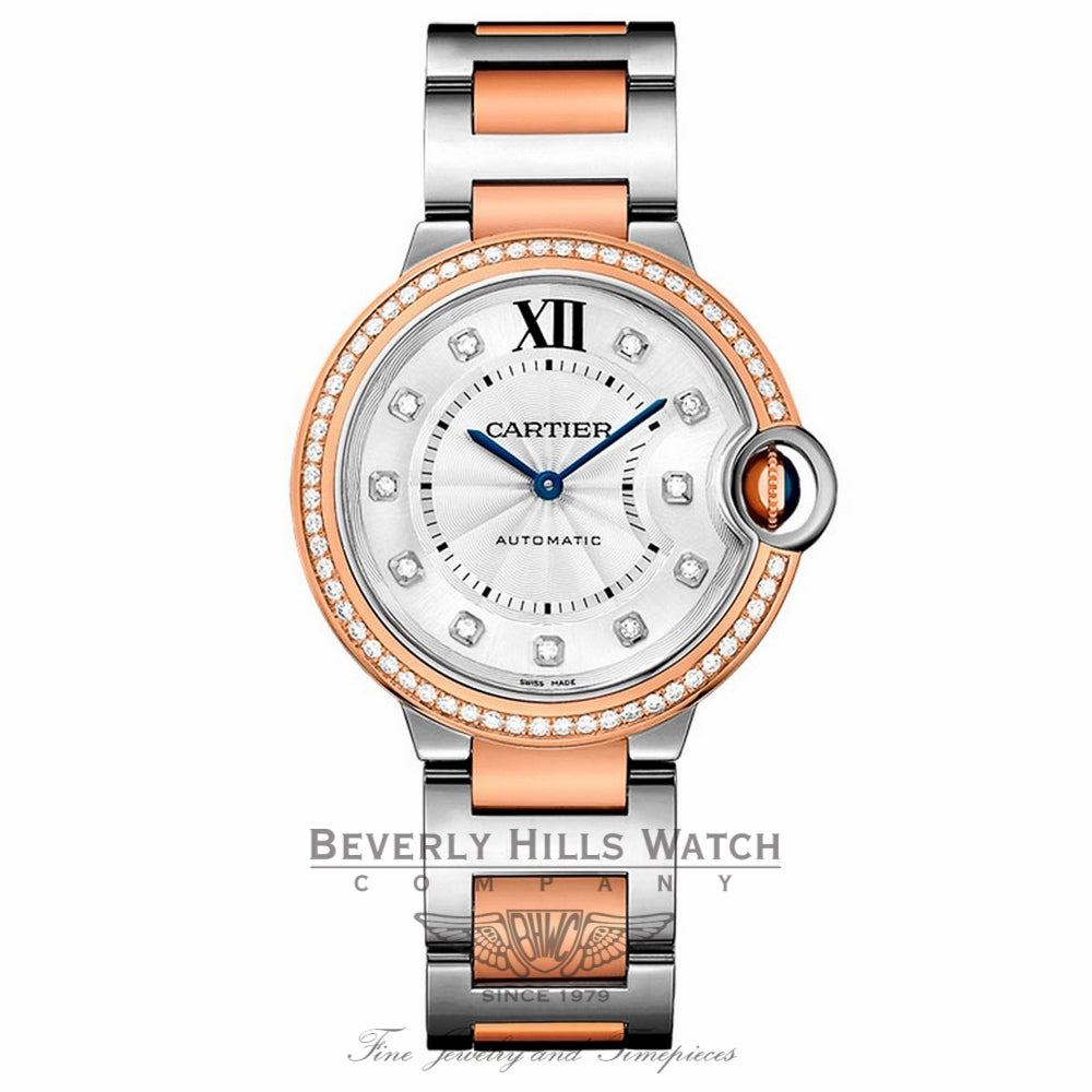 Cartier Ballon Bleu Silver Diamond Dial Steel and Rose Gold WE902077 25CNPX - Beverly Hills Watch