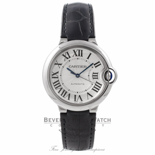 Cartier Ballon Bleu 36MM Stainless Steel Automatic Silver Dial Black Alligator Strap W69017Z4 QJZ144 - Beverly Hills Watch Store