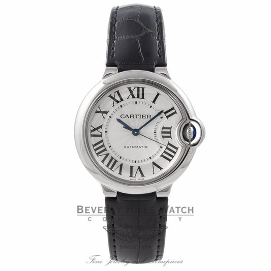 Cartier Ballon Bleu 36MM Stainless Steel Automatic Silver Dial Black Alligator Strap W69017Z4 QJZ144 - Beverly Hills Watch Store