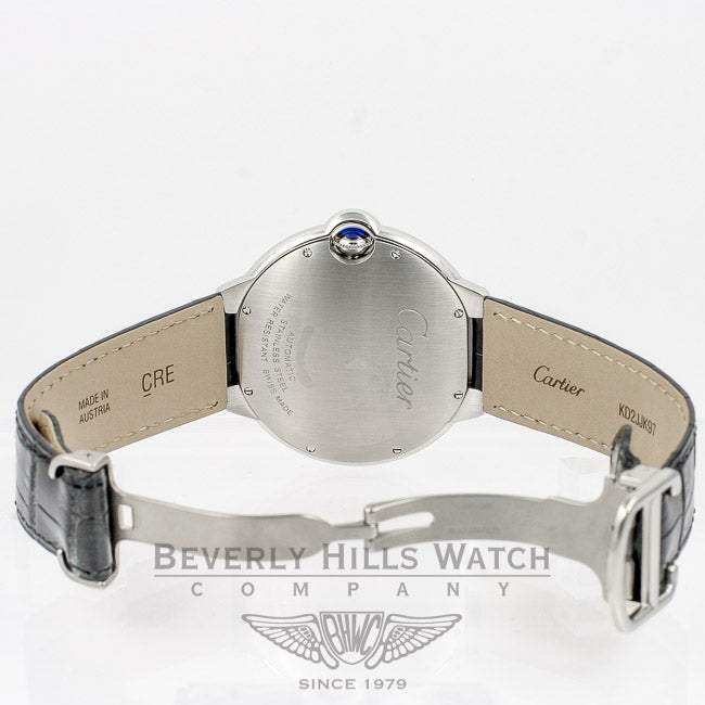 Cartier Ballon Bleu Large 42mm Stainless Steel Leather Strap Silver Roman Dial Automatic Watch W69016Z4 Beverly Hills Watch Company Watches