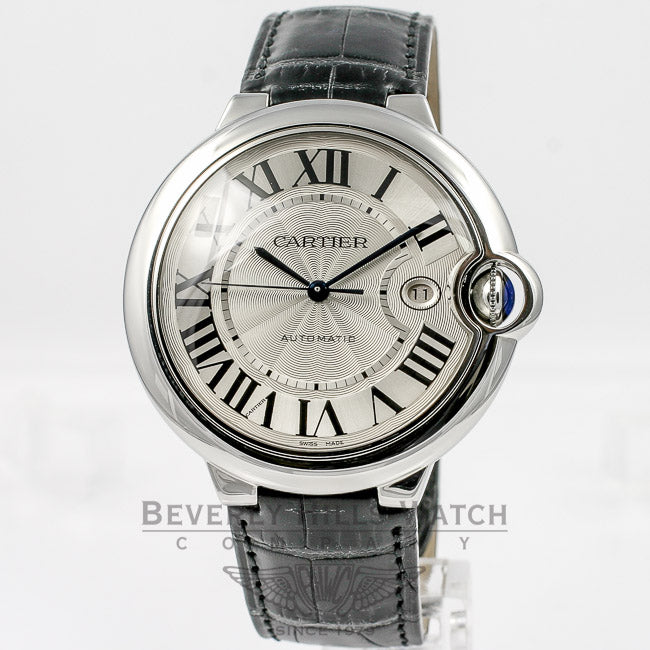 Cartier Ballon Bleu Large 42mm Stainless Steel Leather Strap Silver Roman Dial Automatic Watch W69016Z4 Beverly Hills Watch Company Watches