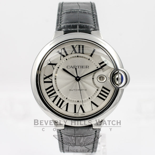 Cartier Ballon Bleu Large 42mm Stainless Steel Leather Strap Silver Roman Dial Automatic Watch W69016Z4 Beverly Hills Watch Company Watches
