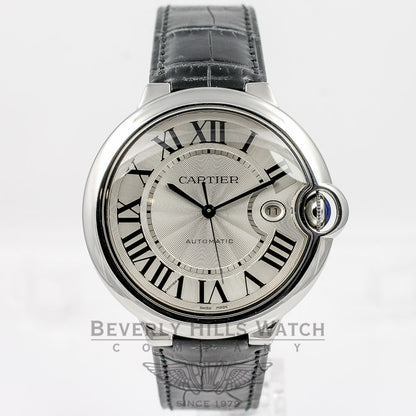 Cartier Ballon Bleu Large 42mm Stainless Steel Leather Strap Silver Roman Dial Automatic Watch W69016Z4 Beverly Hills Watch Company Watches