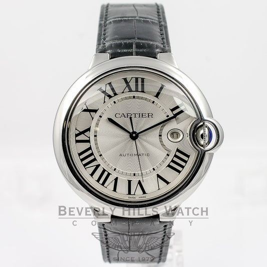 Cartier Ballon Bleu Large 42mm Stainless Steel Leather Strap Silver Roman Dial Automatic Watch W69016Z4 Beverly Hills Watch Company Watches