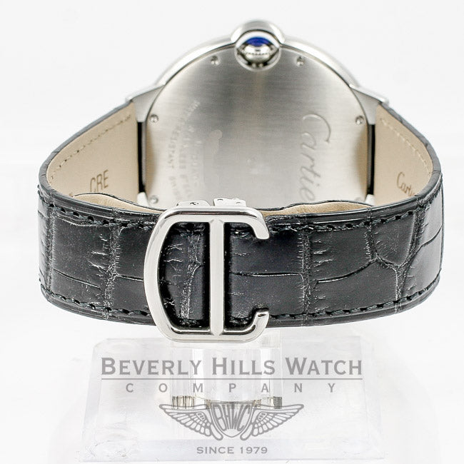 Cartier Ballon Bleu Large 42mm Stainless Steel Leather Strap Silver Roman Dial Automatic Watch W69016Z4 Beverly Hills Watch Company Watches