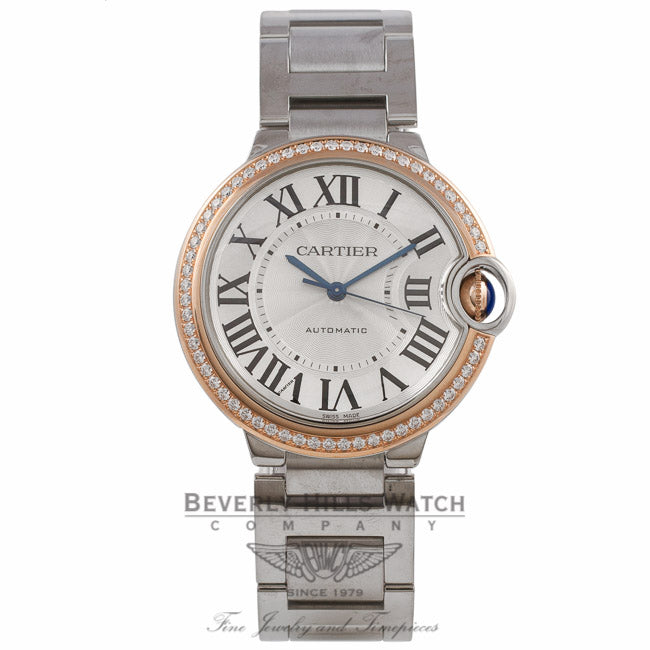 Cartier Ballon Bleu Medium Stainless Steel 18k Rose Gold Diamond Crown Silver Dial Bracelet WE902081 NXYT64 - Beverly Hills Watch Company Watch Store