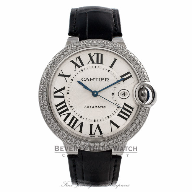 Cartier Ballon Bleu 18K White Gold Case Diamond Bezel Alligator Strap Silver Roman Dial Watch WE00951 Beverly Hills Watch Company Watches