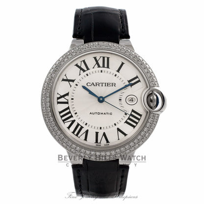 Cartier Ballon Bleu 18K White Gold Case Diamond Bezel Alligator Strap Silver Roman Dial Watch WE00951 Beverly Hills Watch Company Watches