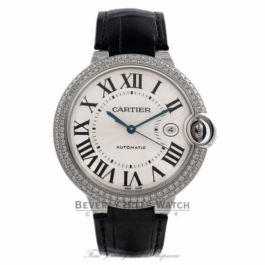 Cartier Ballon Bleu 18K White Gold Case Diamond Bezel Alligator Strap Silver Roman Dial Watch WE00951 Beverly Hills Watch Company Watches