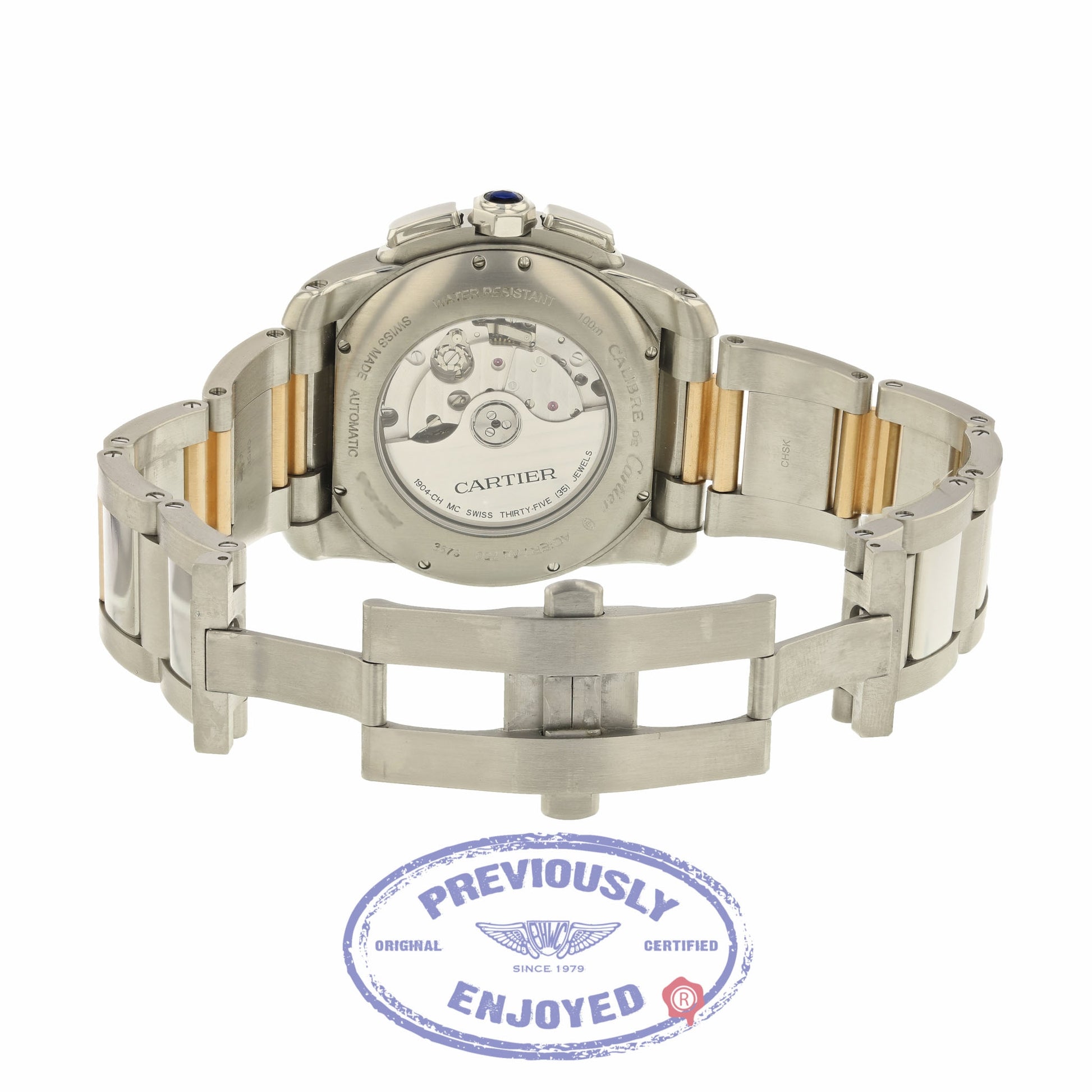 Cartier Calibre Chronograph 42MM Stainless and Rose Gold Watch W7100042 VC39AR - Beverly Hills Watch Company