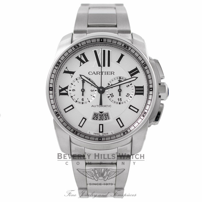 Cartier Calibre De Cartier Chronograph 42MM Stainless Steel Silver Dial W7100045 P21YZA - Beverly Hills Watch Company Watch Store