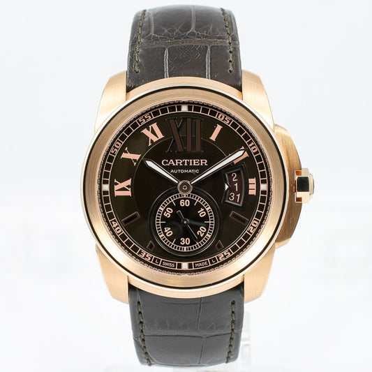Cartier Calibre de Cartier 18K Rose Gold Chocolate Roman Numeral Dial Alligator Leather Strap Watch W7100009 Beverly Hills Watch Company Watches