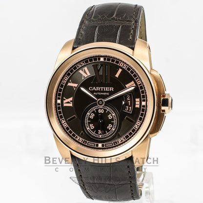 Cartier Calibre de Cartier 18K Rose Gold Chocolate Roman Numeral Dial Alligator Leather Strap Watch W7100009 Beverly Hills Watch Company Watches