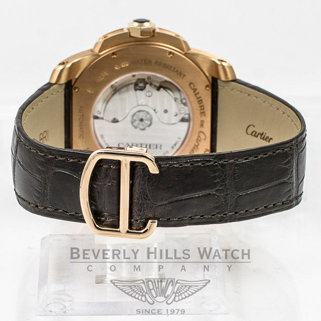 Cartier Calibre de Cartier 18K Rose Gold Chocolate Roman Numeral Dial Alligator Leather Strap Watch W7100009 Beverly Hills Watch Company Watches
