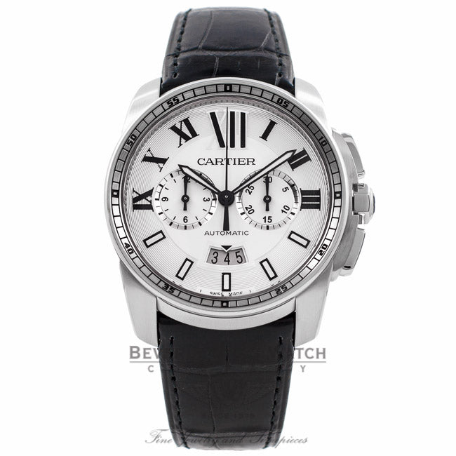 Cartier Calibre De Cartier Chronograph 42MM Stainless Steel Silver Dial Black Alligator Strap W7100046 RGSXNJ - Beverly Hills Watch Company Watch Store