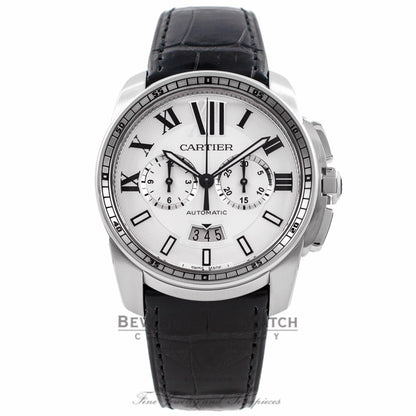 Cartier Calibre De Cartier Chronograph 42MM Stainless Steel Silver Dial Black Alligator Strap W7100046 RGSXNJ - Beverly Hills Watch Company Watch Store